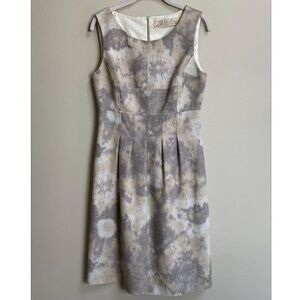 Lela Rose Grey Metallic Accent Watercolor Linen Silk Blend Sheath Dress Size 8